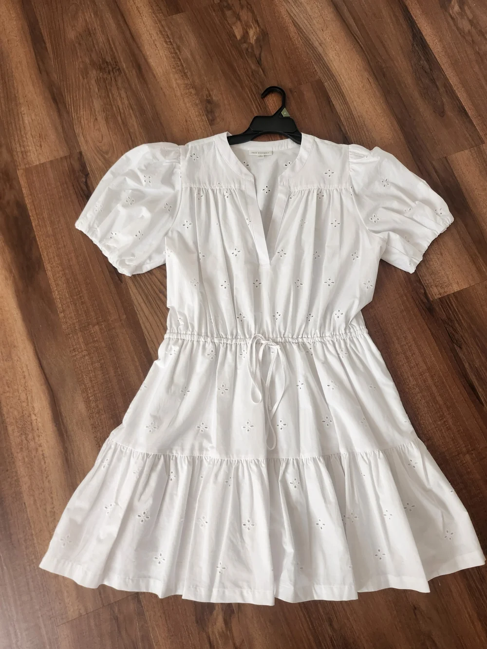 Women’s White Eyelet Tiered Mini Dress with Drawstring Waist 100% Cotton - Picture 2 of 13